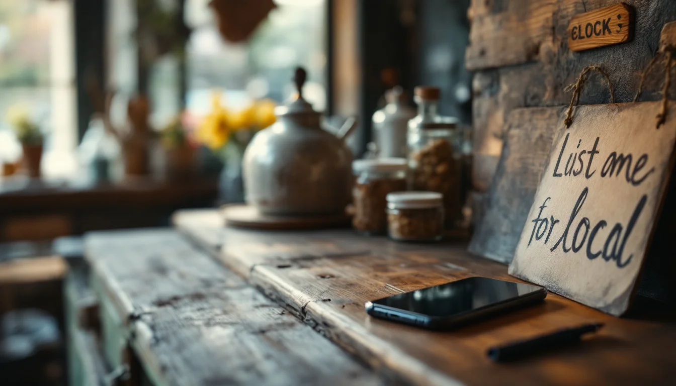 Content Marketing For Local Businesses UK — A British business owner in a cosy local shop creating a social media post on th