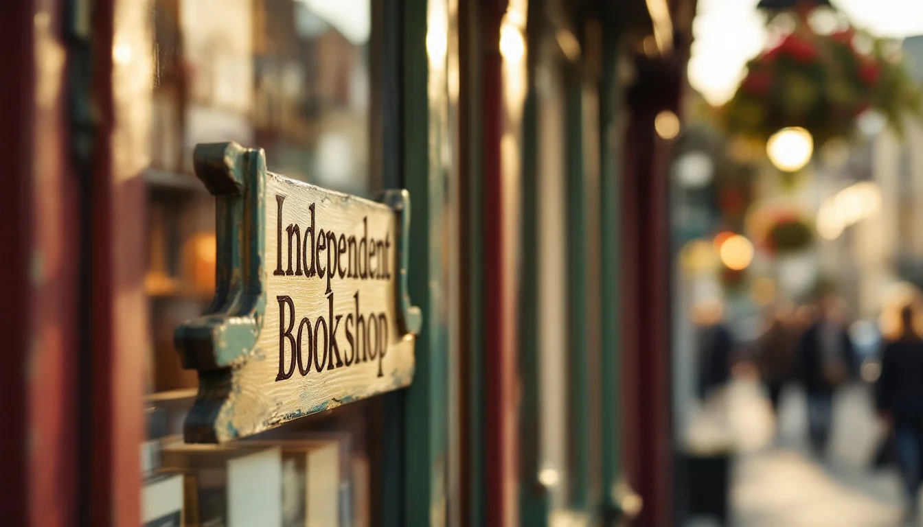 Content Marketing For Local Businesses UK — A vibrant street scene in a UK town centre with several independent shops, colou