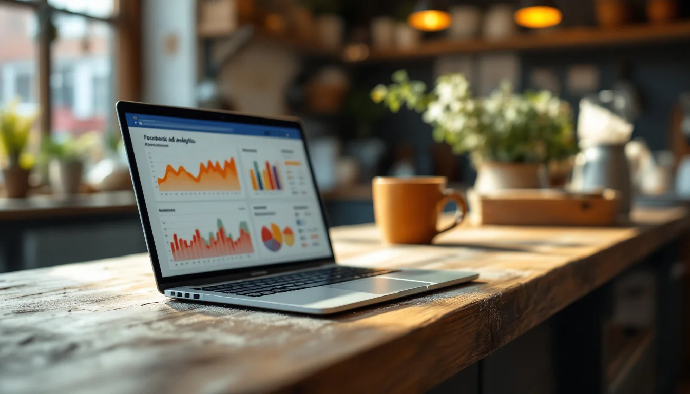 Facebook Ads For Local Businesses UK — A UK small business owner reviewing Facebook ad analytics on a laptop at their s Facebook Ads For Local Businesses UK — A UK small business owner reviewing Facebook ad analytics on a laptop at their s