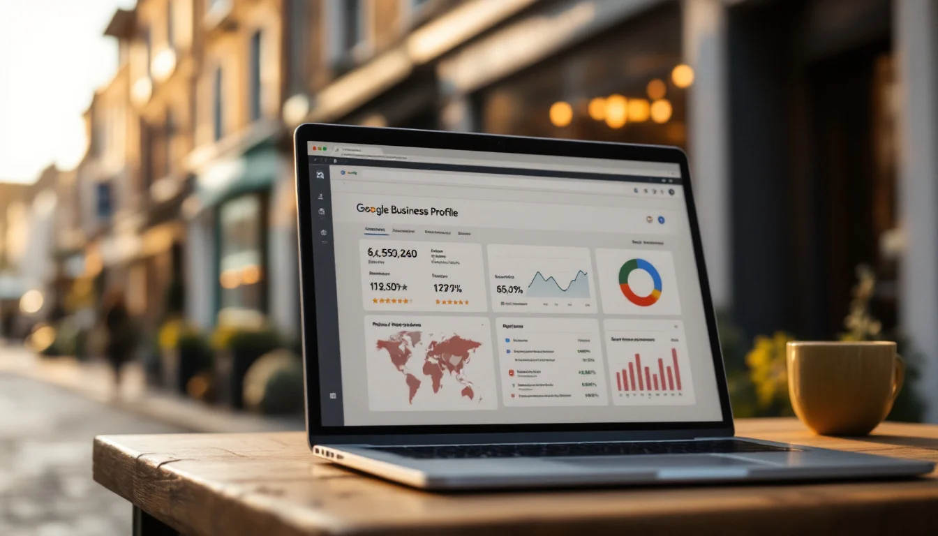 Google Business Profile Optimisation Tips — A UK business owner analysing their Google Business Profile dashboard on a lapto