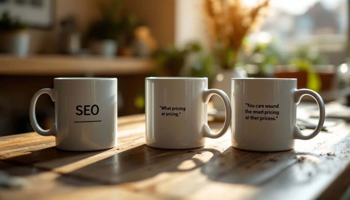 How Much Does SEO Cost UK Small Business — Three UK small business owners gathered at a local coffee shop, comparing SEO se How Much Does SEO Cost UK Small Business — Three UK small business owners gathered at a local coffee shop, comparing SEO se