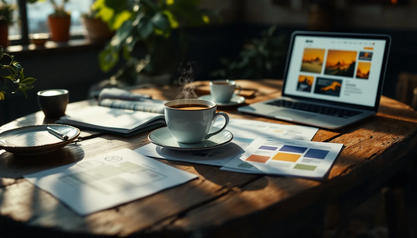 Website design drafts, colour swatches and a laptop mock-up beside steaming coffee on a wooden table