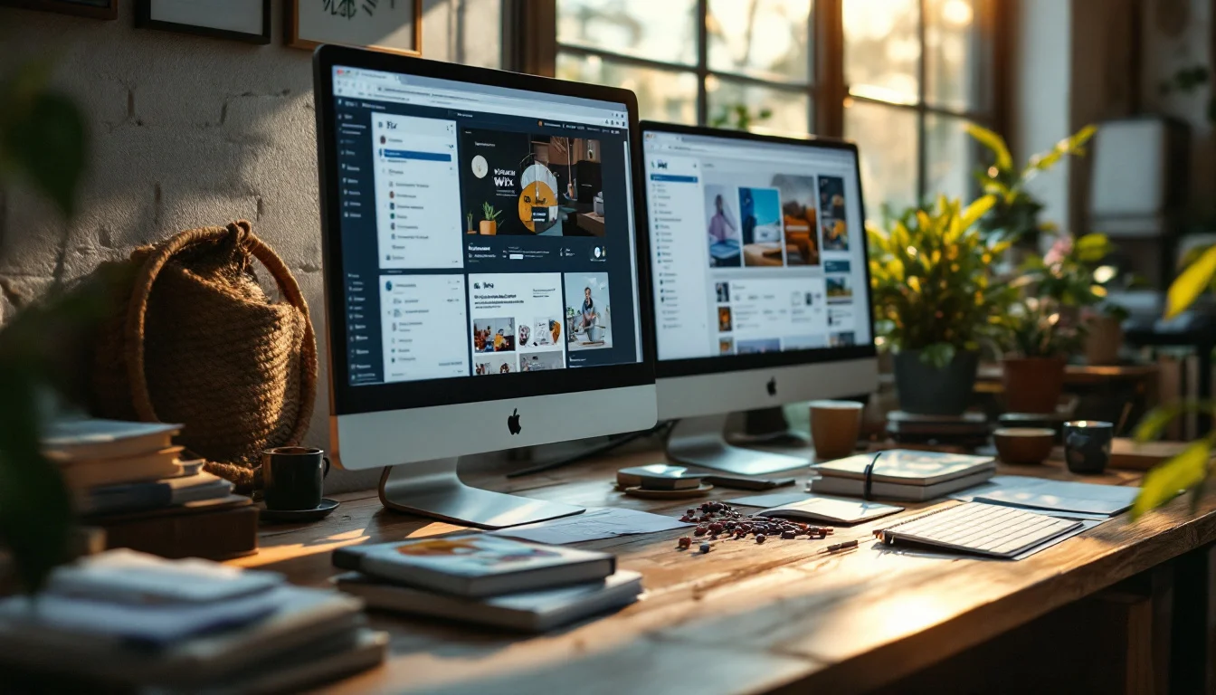 WordPress Vs Wix For A UK Business Website — Side-by-side screenshots of the WordPress and Wix dashboards on a desktop monito